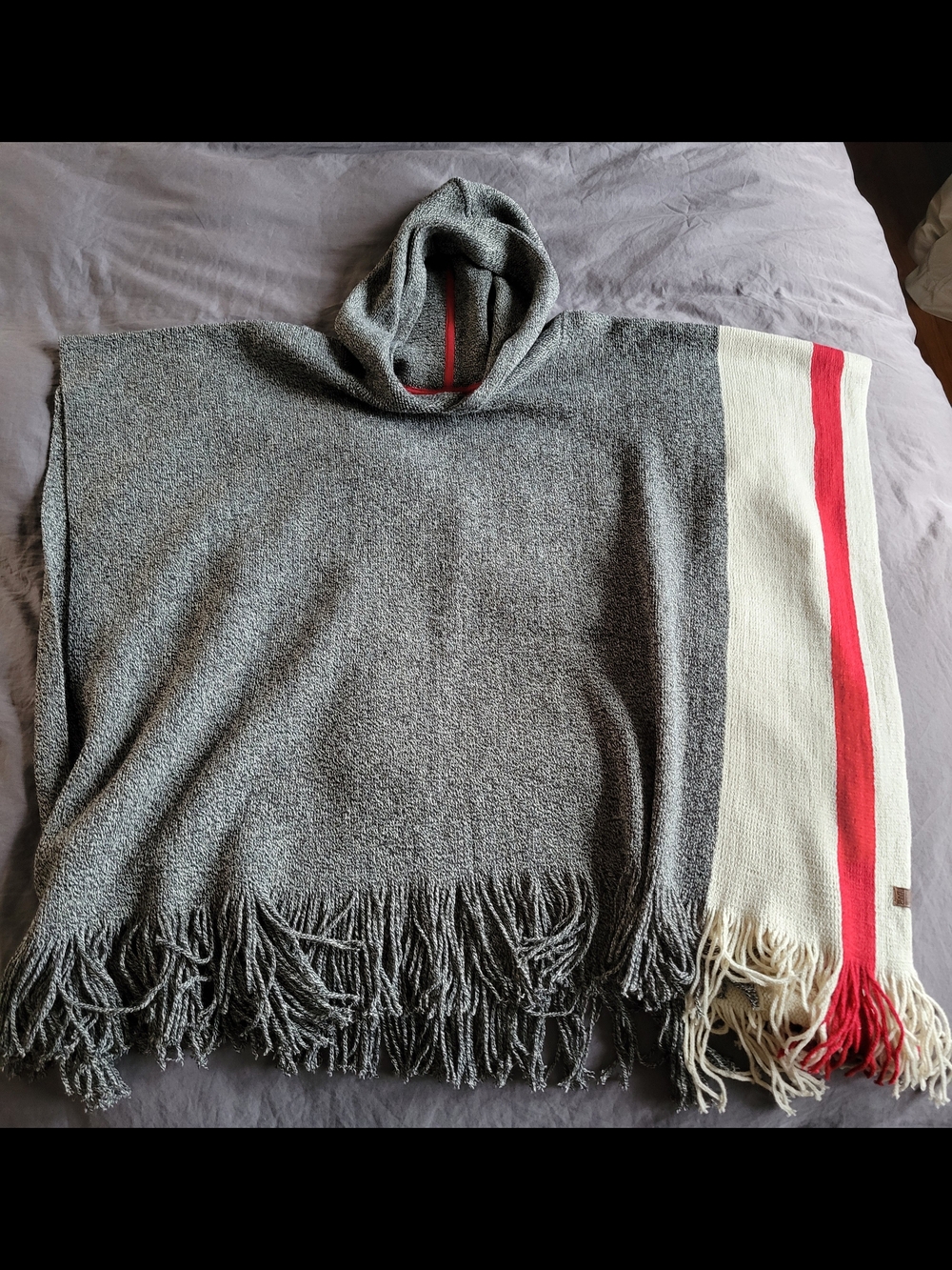 Roots Gray Hooded Fringe Poncho with Cream & Red Stripe